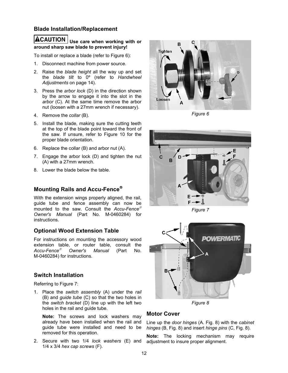 Blade installation/replacement, Mounting rails and accu-fence, Optional wood extension table | Switch installation, Motor cover | Powermatic 2000 User Manual | Page 12 / 44