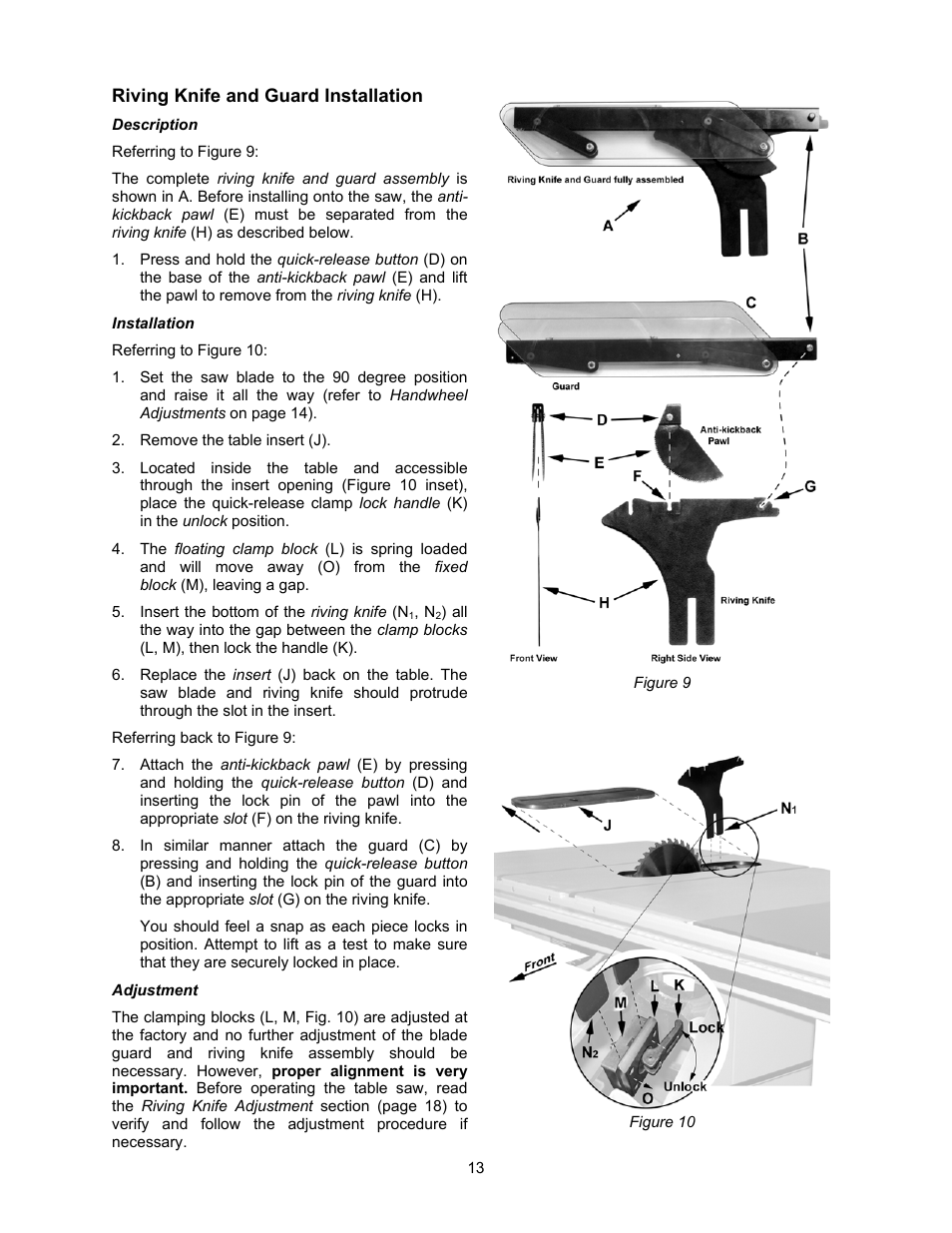 Riving knife and guard installation, Description, Installation | Adjustment | Powermatic 2000 User Manual | Page 13 / 44