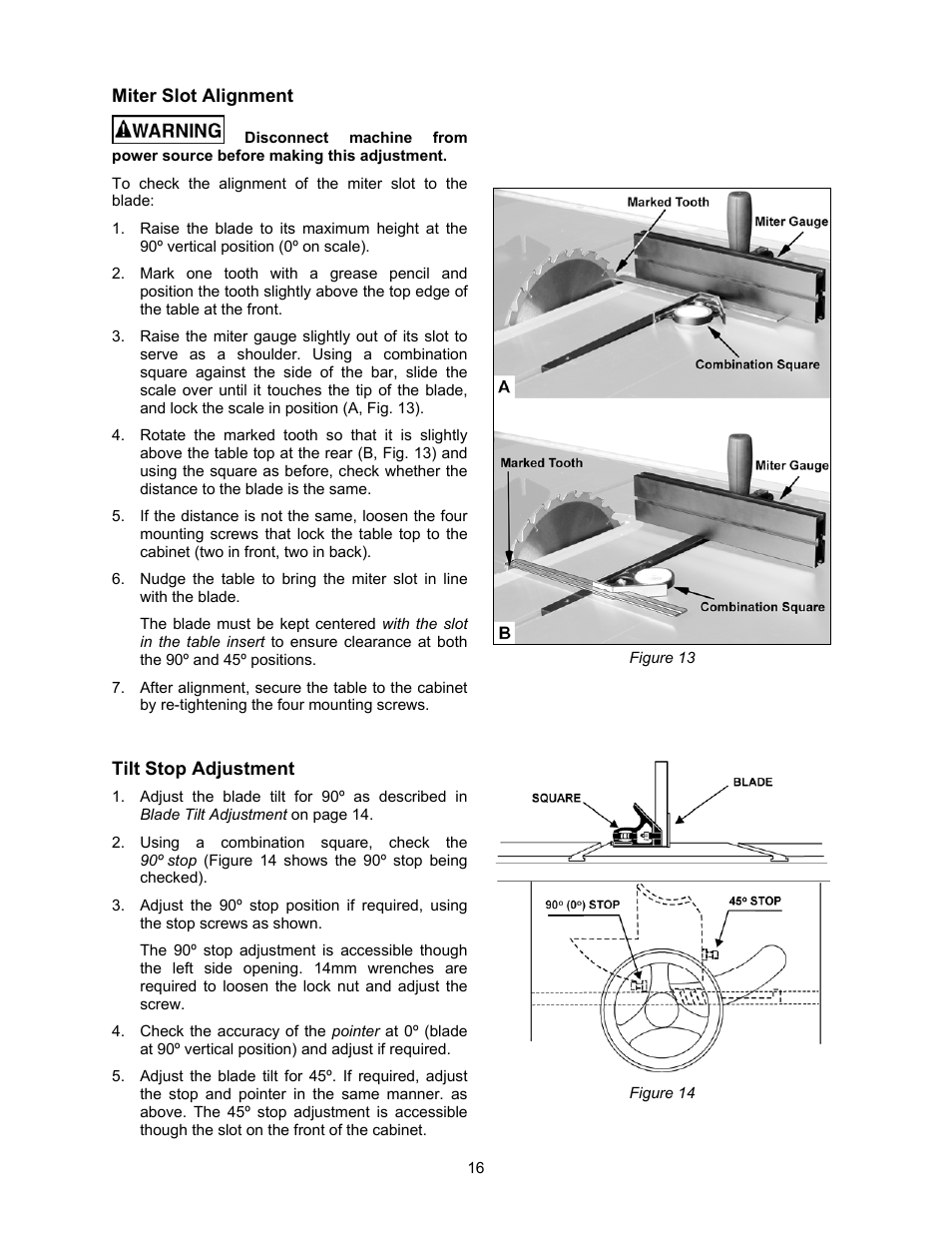 Miter slot alignment, Tilt stop adjustment | Powermatic 2000 User Manual | Page 16 / 44