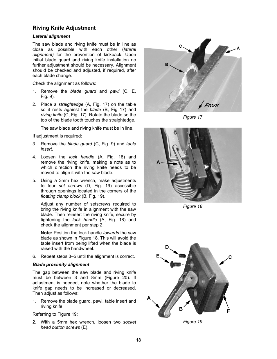 Riving knife adjustment, Lateral alignment, Blade proximity alignment | Powermatic 2000 User Manual | Page 18 / 44