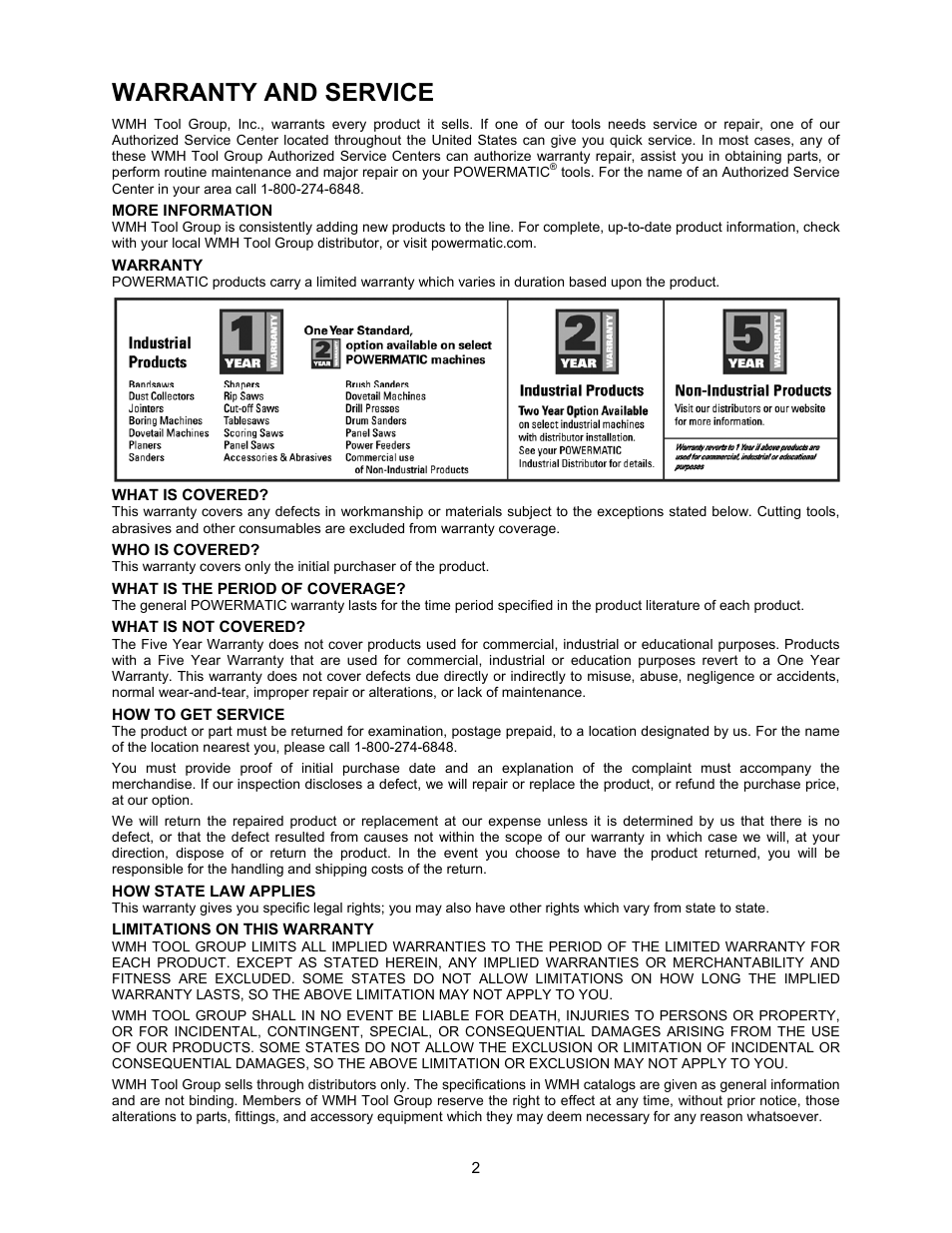 Warranty and service | Powermatic 2000 User Manual | Page 2 / 44