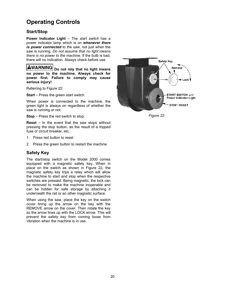 Operating controls, Start/stop, Safety key | Powermatic 2000 User Manual | Page 20 / 44