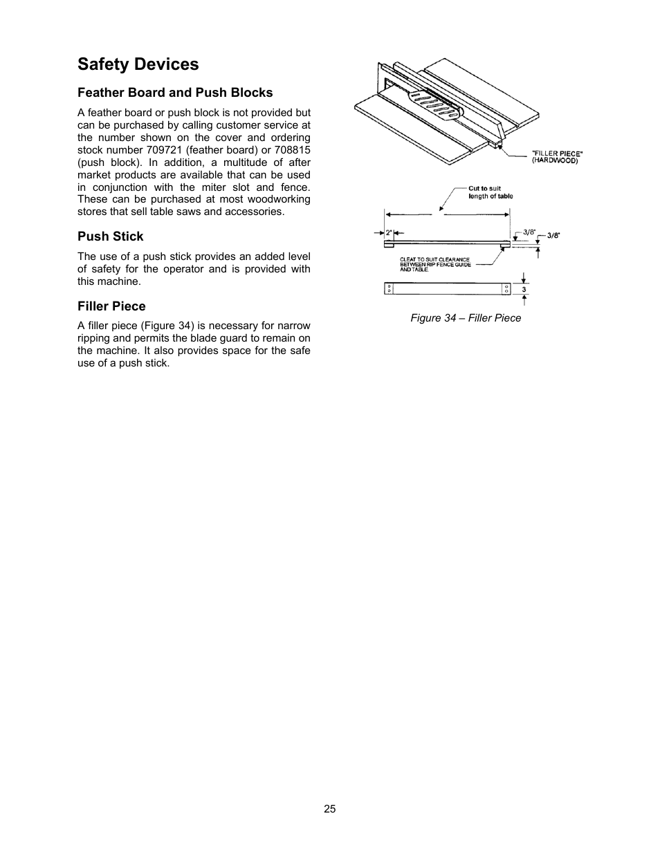 Safety devices, Feather board and push blocks, Push stick | Filler piece | Powermatic 2000 User Manual | Page 25 / 44