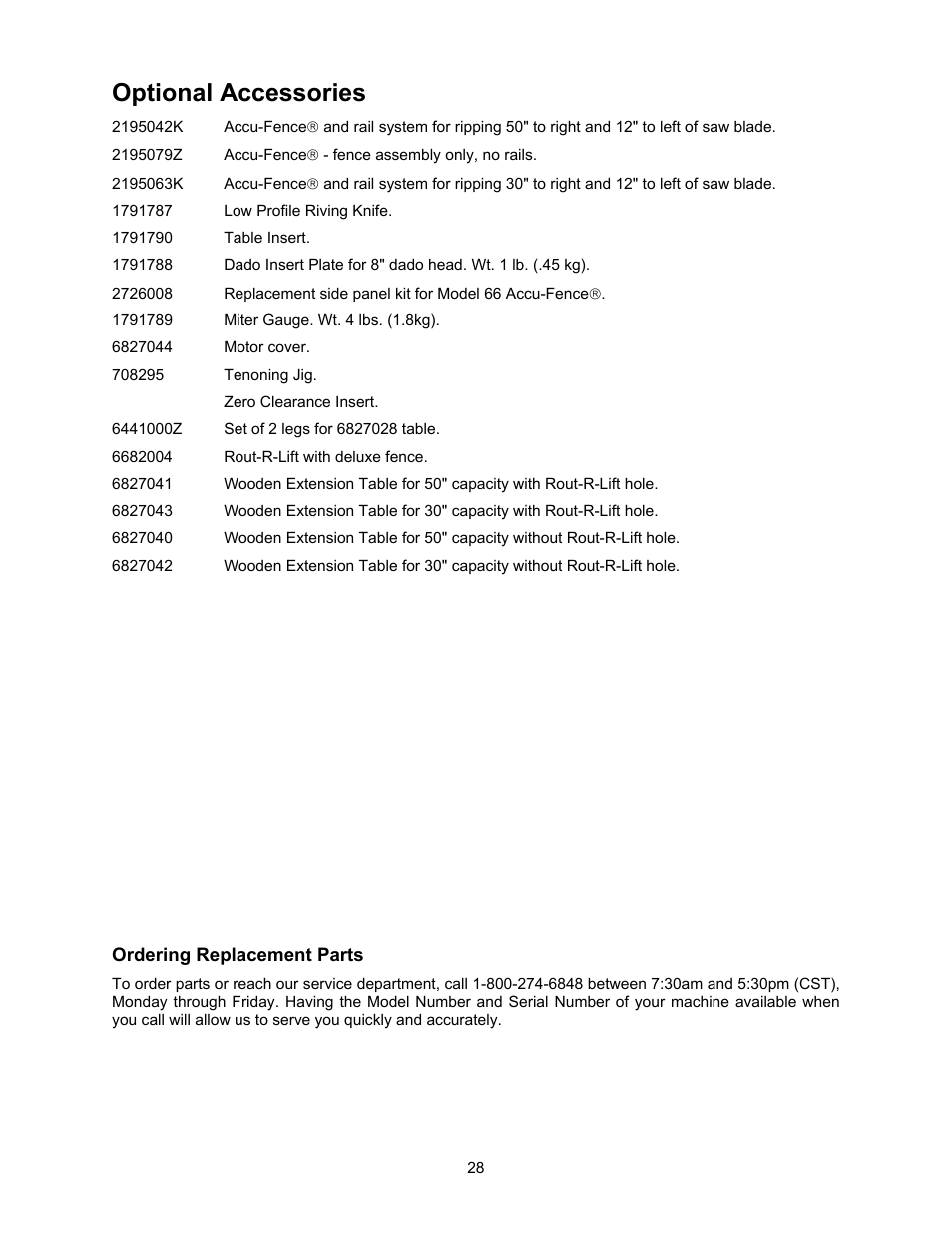 Optional accessories, Ordering replacement parts | Powermatic 2000 User Manual | Page 28 / 44