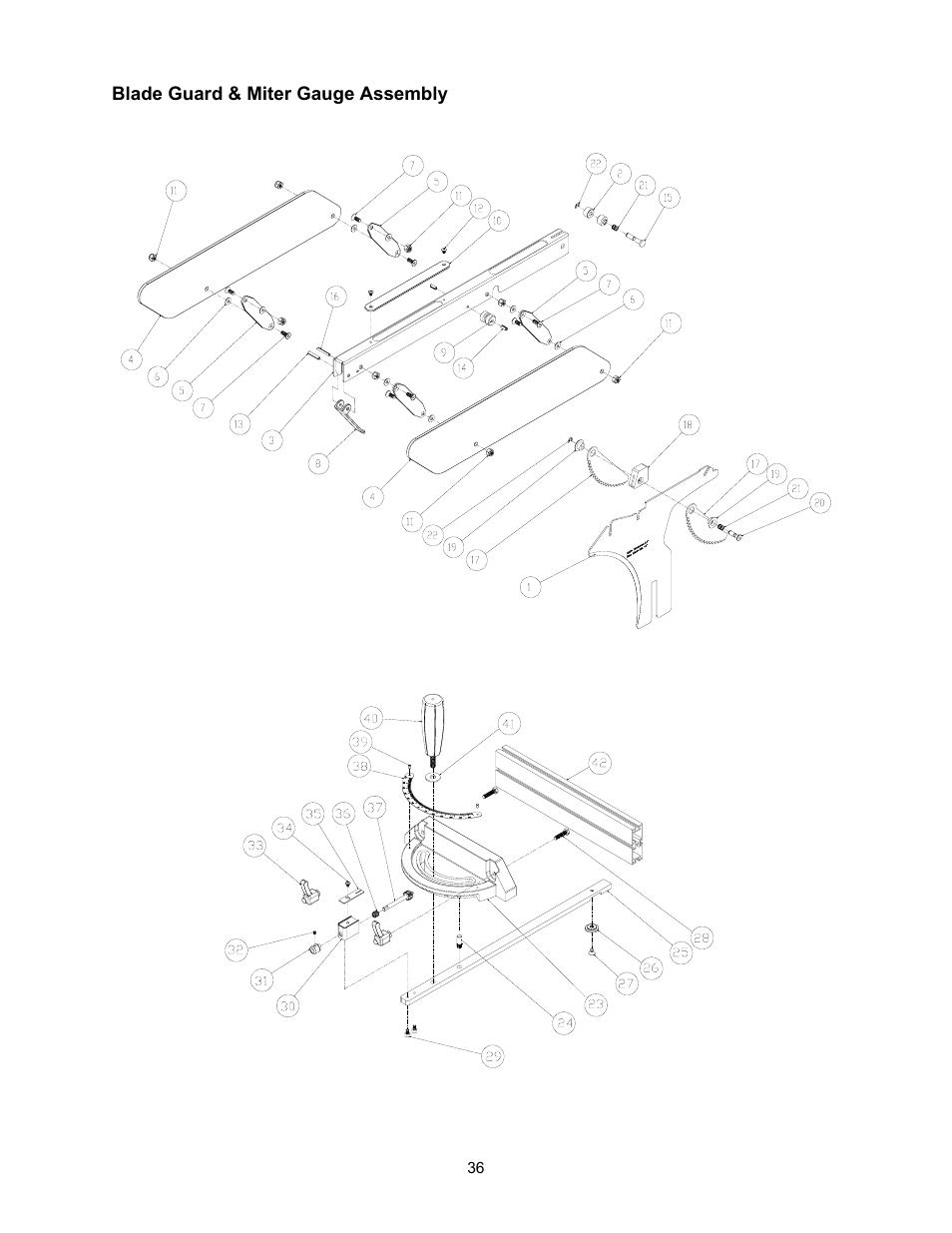 Blade guard & miter gauge assembly | Powermatic 2000 User Manual | Page 36 / 44