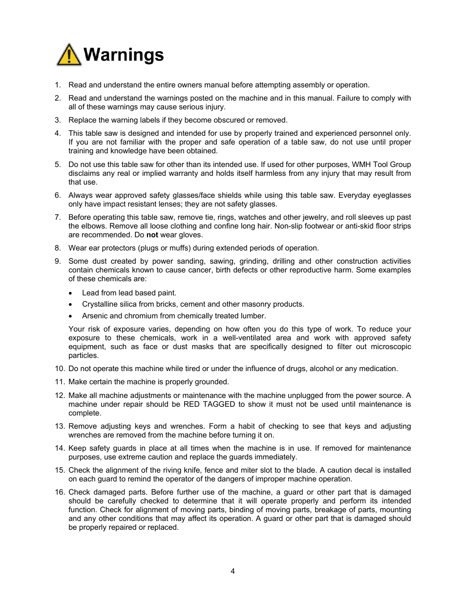 Warnings | Powermatic 2000 User Manual | Page 4 / 44