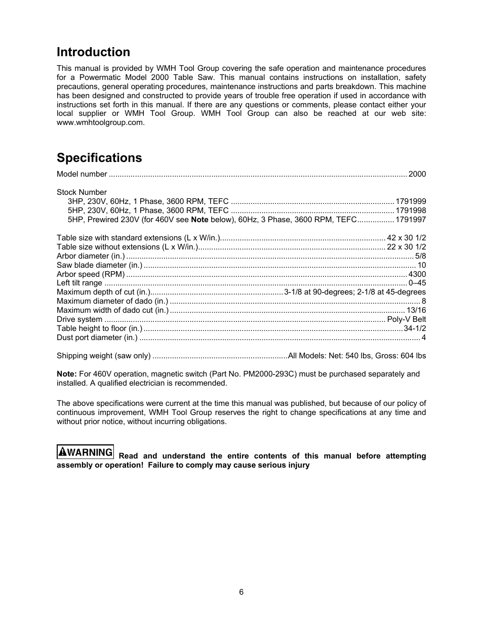 Introduction, Specifications | Powermatic 2000 User Manual | Page 6 / 44