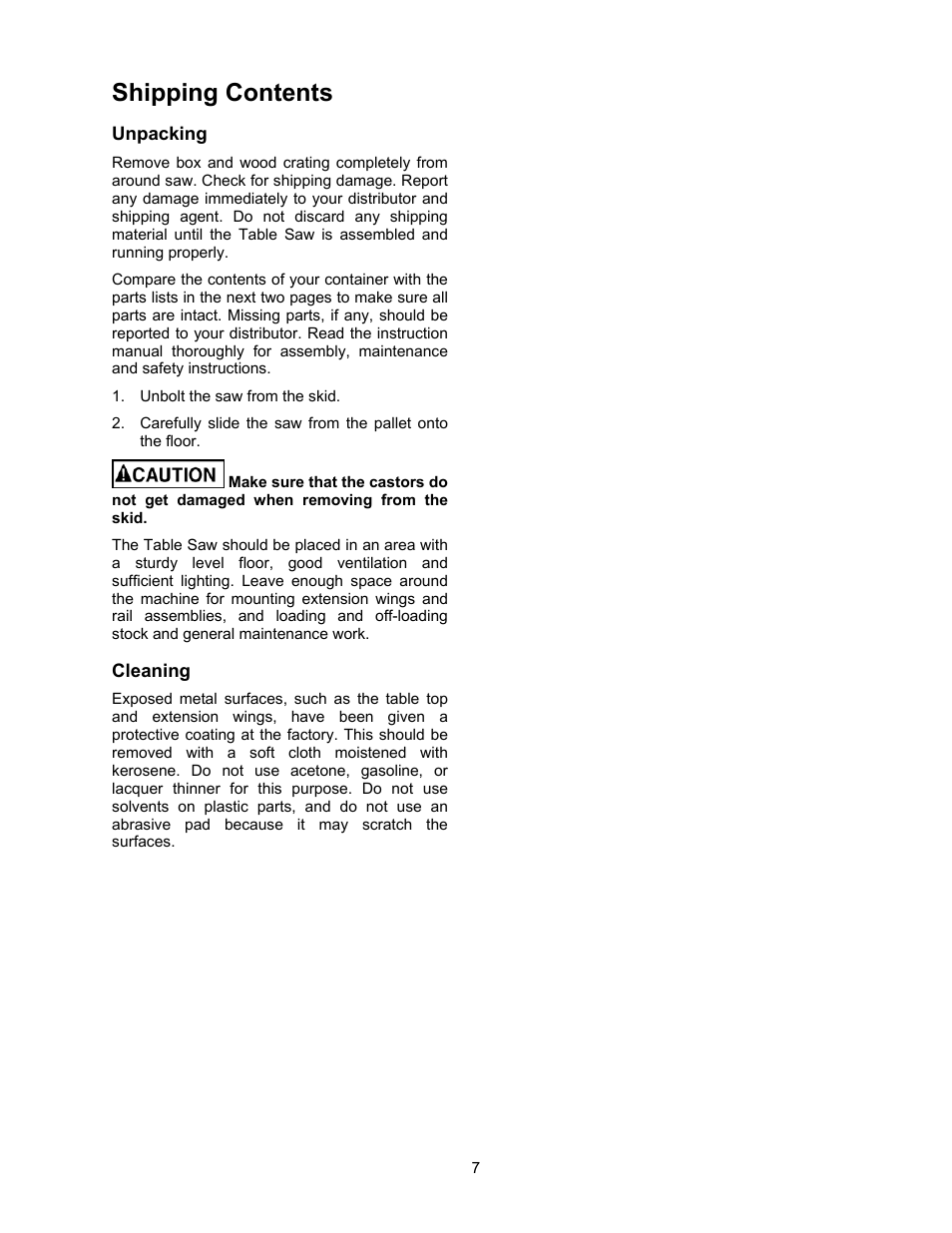 Shipping contents, Unpacking, Cleaning | Powermatic 2000 User Manual | Page 7 / 44