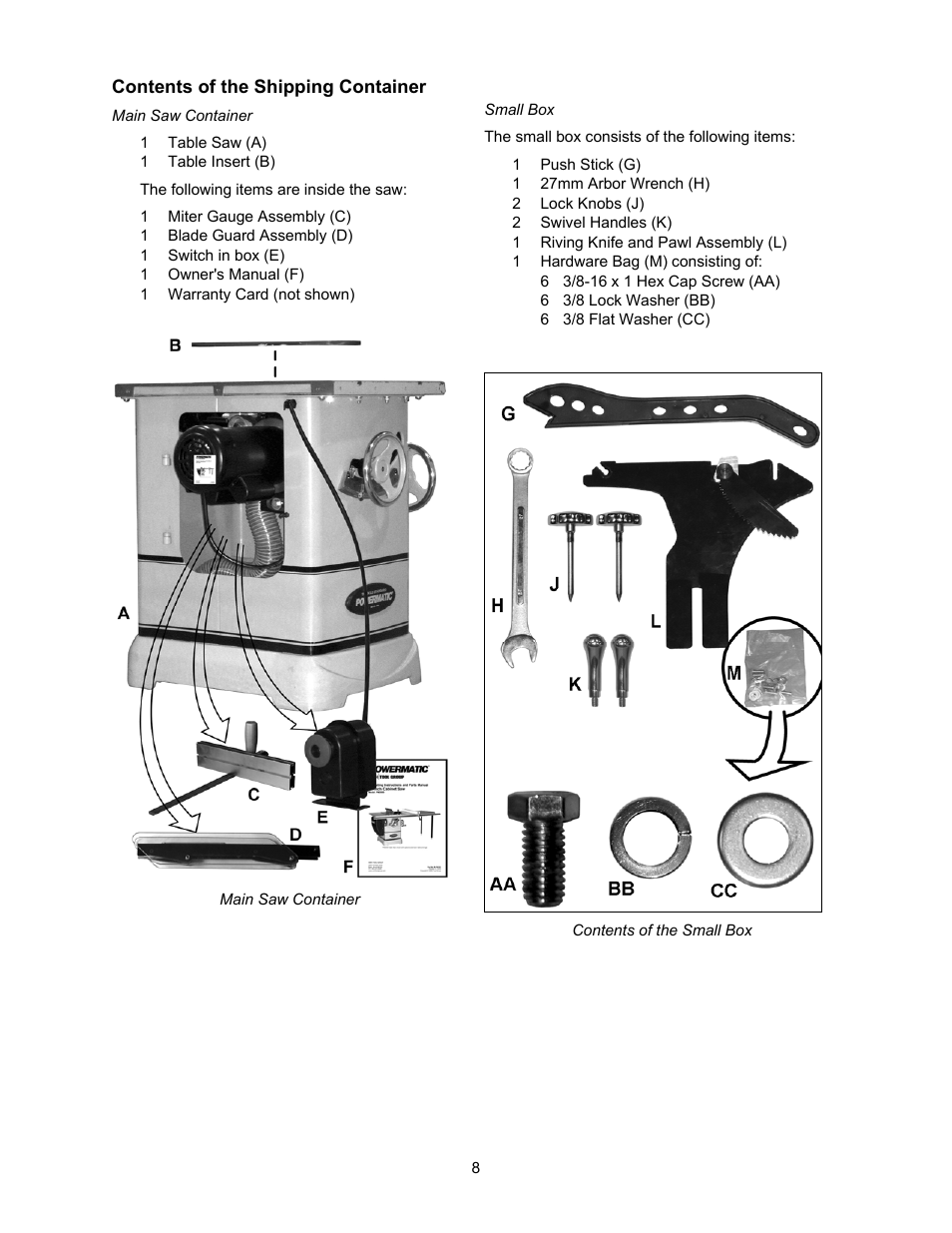 Contents of the shipping container | Powermatic 2000 User Manual | Page 8 / 44