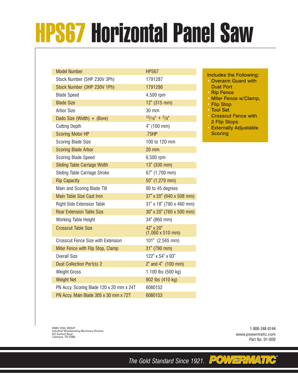Hps67 horizontal panel saw, The gold standard since 1921 | Powermatic HPS126 User Manual | Page 6 / 6