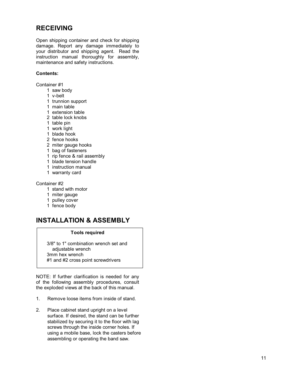 Receiving, Installation & assembly | Powermatic WMH TOOL GROUP PWBS14 User Manual | Page 11 / 40