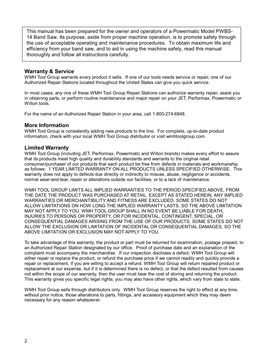 Powermatic WMH TOOL GROUP PWBS14 User Manual | Page 2 / 40
