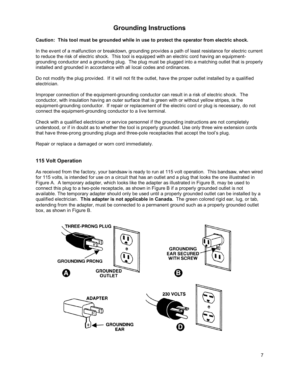 Grounding instructions | Powermatic WMH TOOL GROUP PWBS14 User Manual | Page 7 / 40