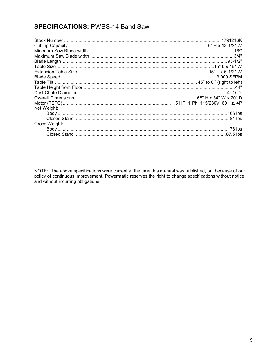 Specifications: pwbs-14 band saw | Powermatic WMH TOOL GROUP PWBS14 User Manual | Page 9 / 40