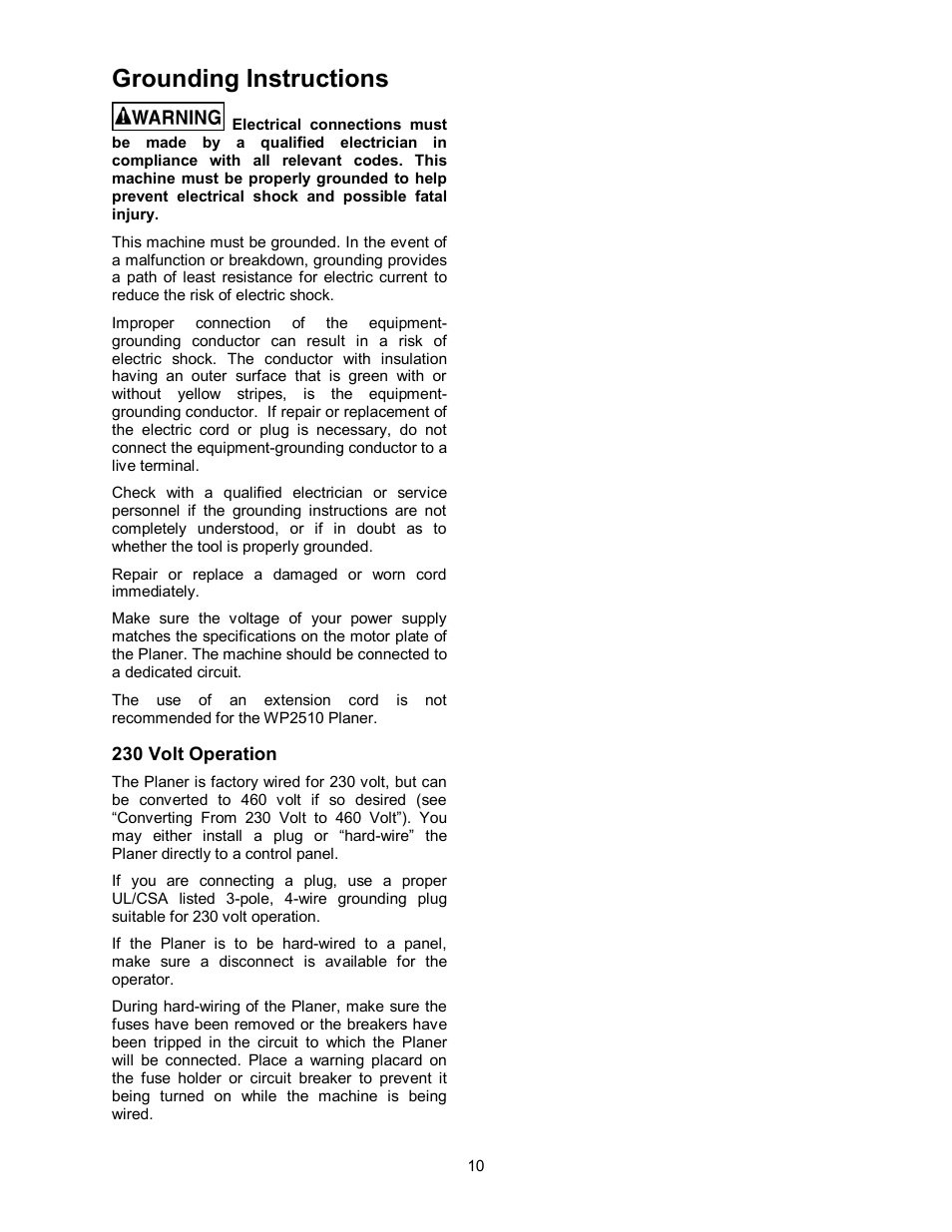 Grounding instructions | Powermatic WP2510 User Manual | Page 10 / 56