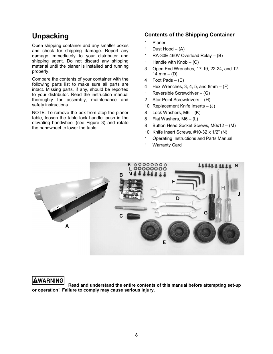 Unpacking | Powermatic WP2510 User Manual | Page 8 / 56