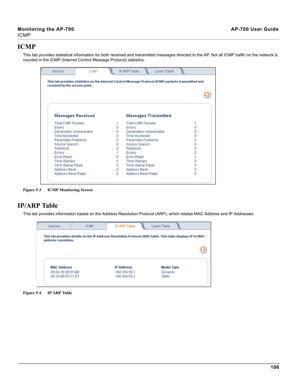 Icmp, Ip/arp table, Icmp ip/arp table | Proxim ORiNOCO AP-700 User Manual | Page 106 / 242