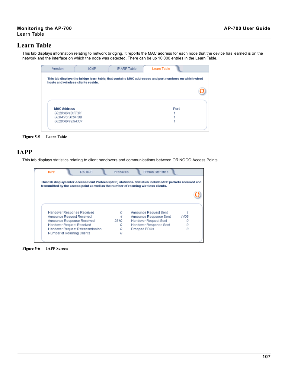 Learn table, Iapp, Learn table iapp | Proxim ORiNOCO AP-700 User Manual | Page 107 / 242