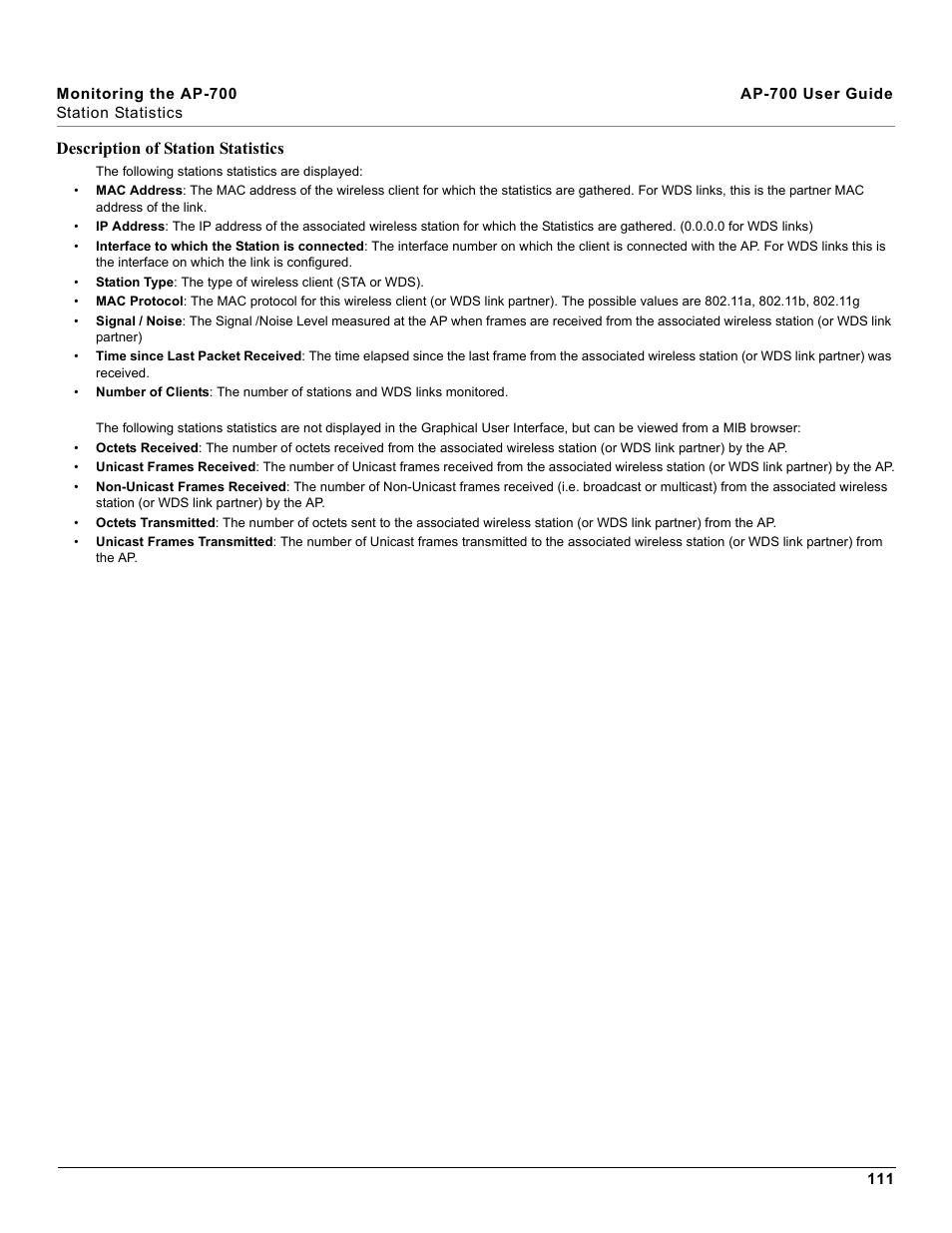 Description of station statistics | Proxim ORiNOCO AP-700 User Manual | Page 111 / 242