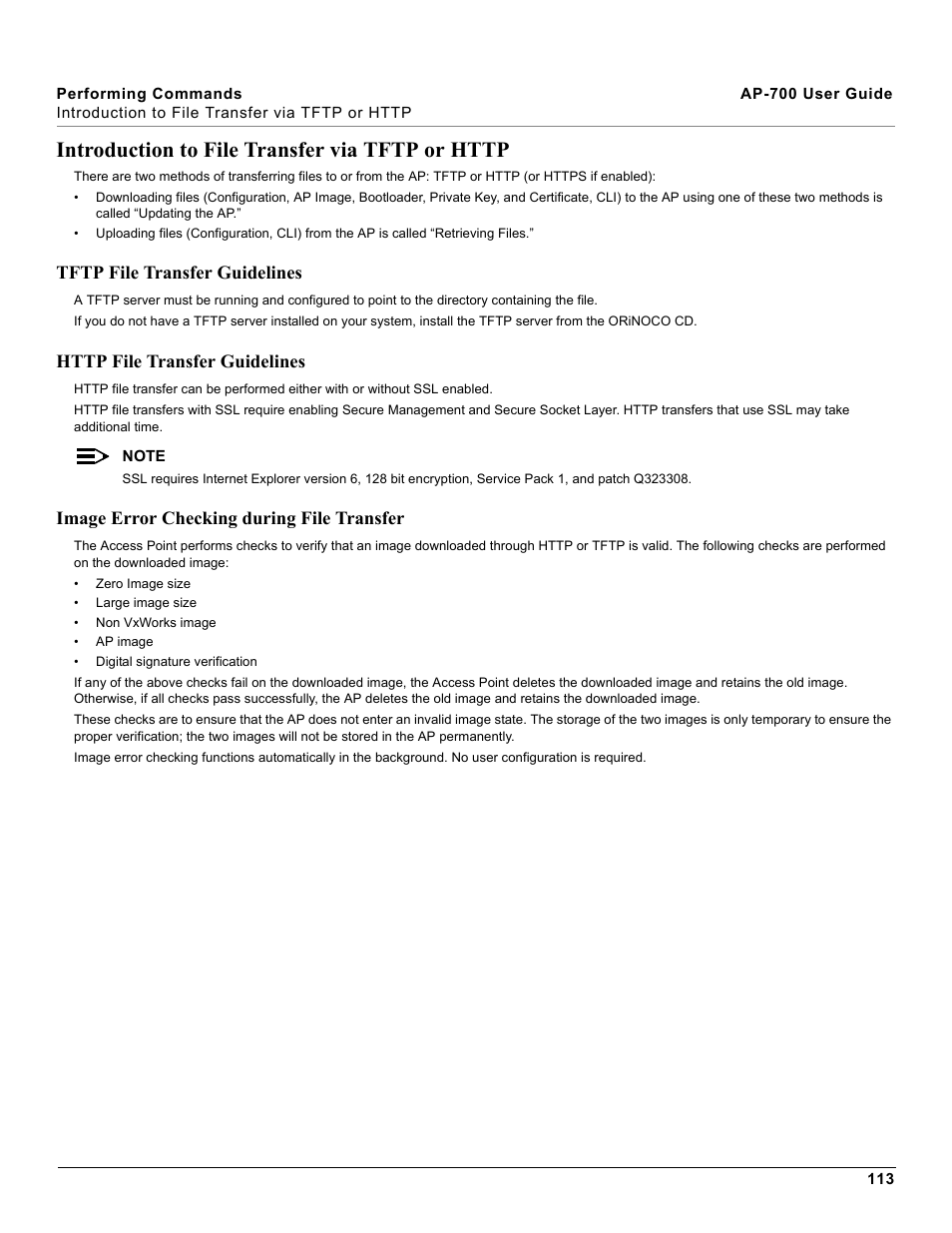 Introduction to file transfer via tftp or http, Tftp file transfer guidelines, Http file transfer guidelines | Image error checking during file transfer, Descri | Proxim ORiNOCO AP-700 User Manual | Page 113 / 242