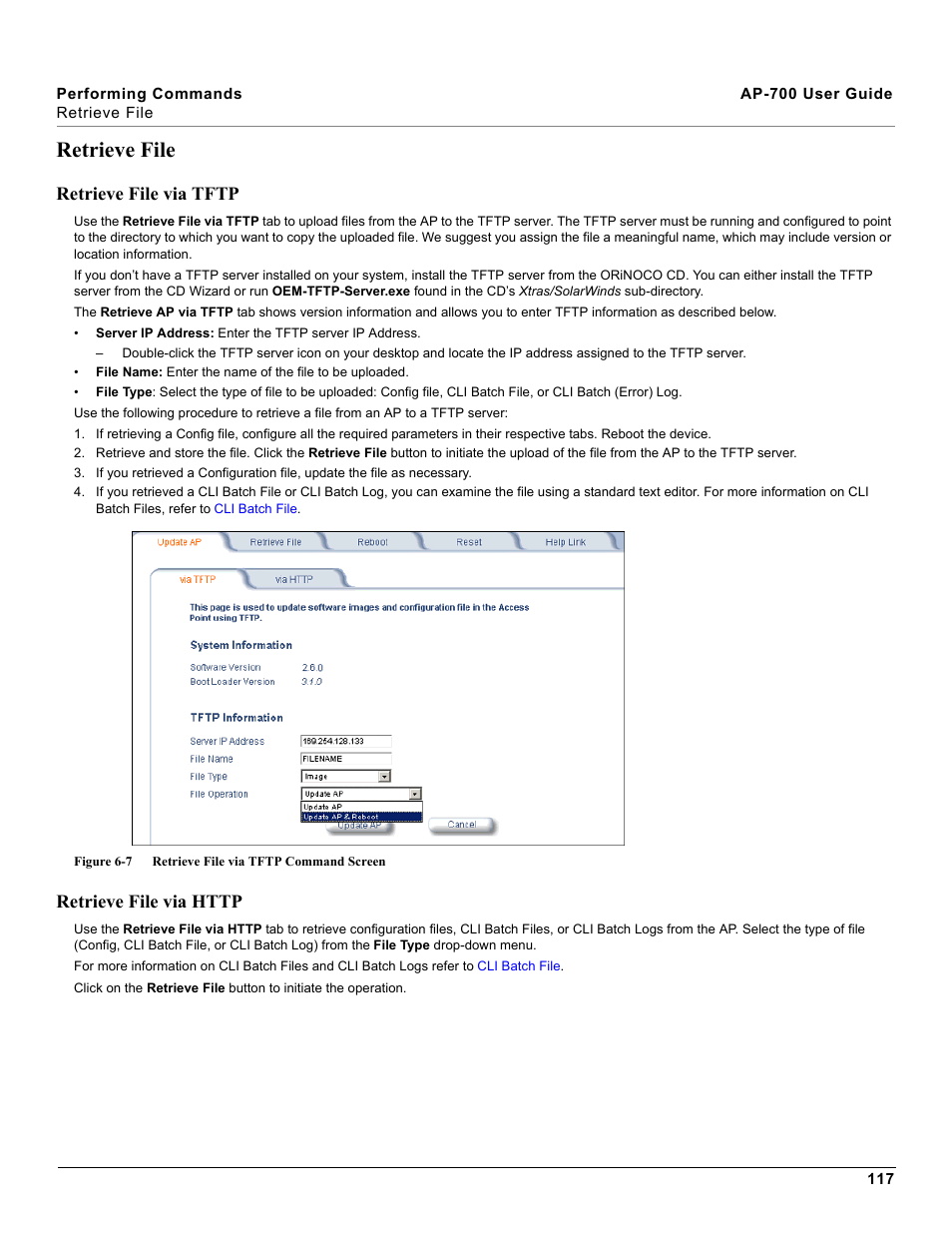 Retrieve file, Retrieve file via tftp, Retrieve file via http | Retrieve file via tftp retrieve file via http | Proxim ORiNOCO AP-700 User Manual | Page 117 / 242