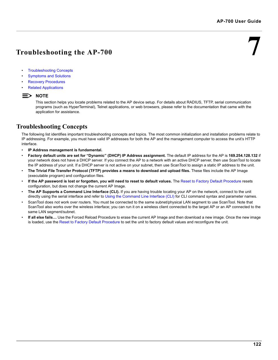 Troubleshooting the ap-700, Troubleshooting concepts, 7 troubleshooting the ap-700 | For t | Proxim ORiNOCO AP-700 User Manual | Page 122 / 242