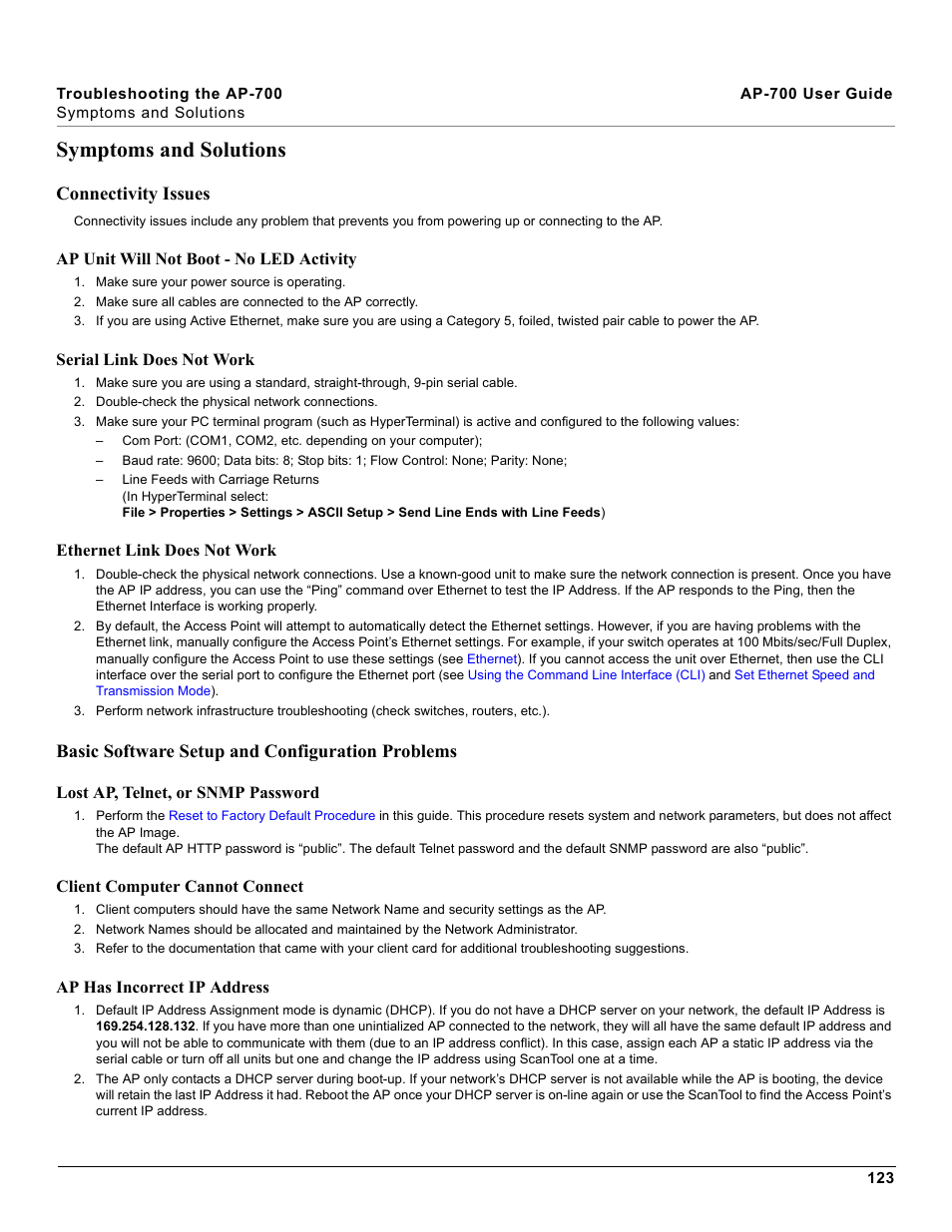 Symptoms and solutions, Connectivity issues, Basic software setup and configuration problems | Proxim ORiNOCO AP-700 User Manual | Page 123 / 242