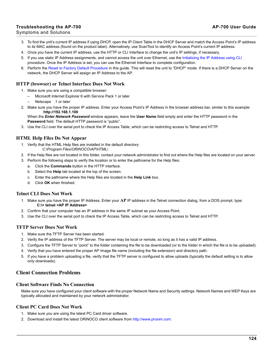 Client connection problems, Client, Connection problems | Proxim ORiNOCO AP-700 User Manual | Page 124 / 242