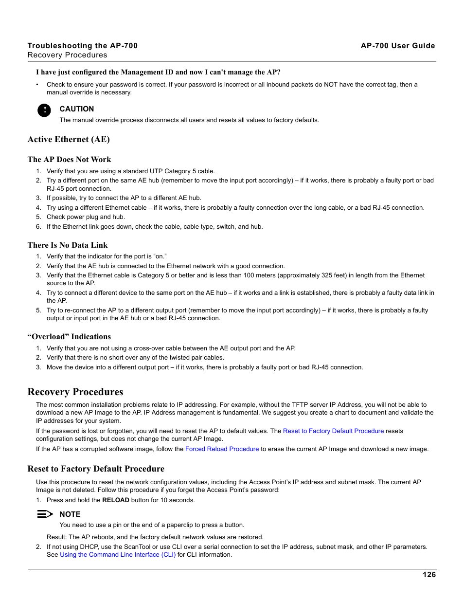 Active ethernet (ae), Recovery procedures, Reset to factory default procedure | Reset to, Factory default procedure, Reset | Proxim ORiNOCO AP-700 User Manual | Page 126 / 242