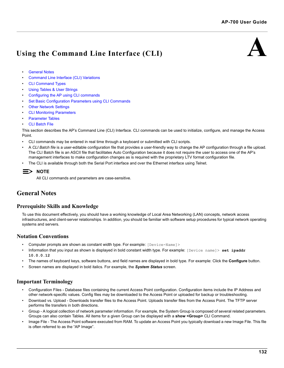 Using the command line interface (cli), General notes, Prerequisite skills and knowledge | Notation conventions, Important terminology, A using the command line interface (cli) | Proxim ORiNOCO AP-700 User Manual | Page 132 / 242