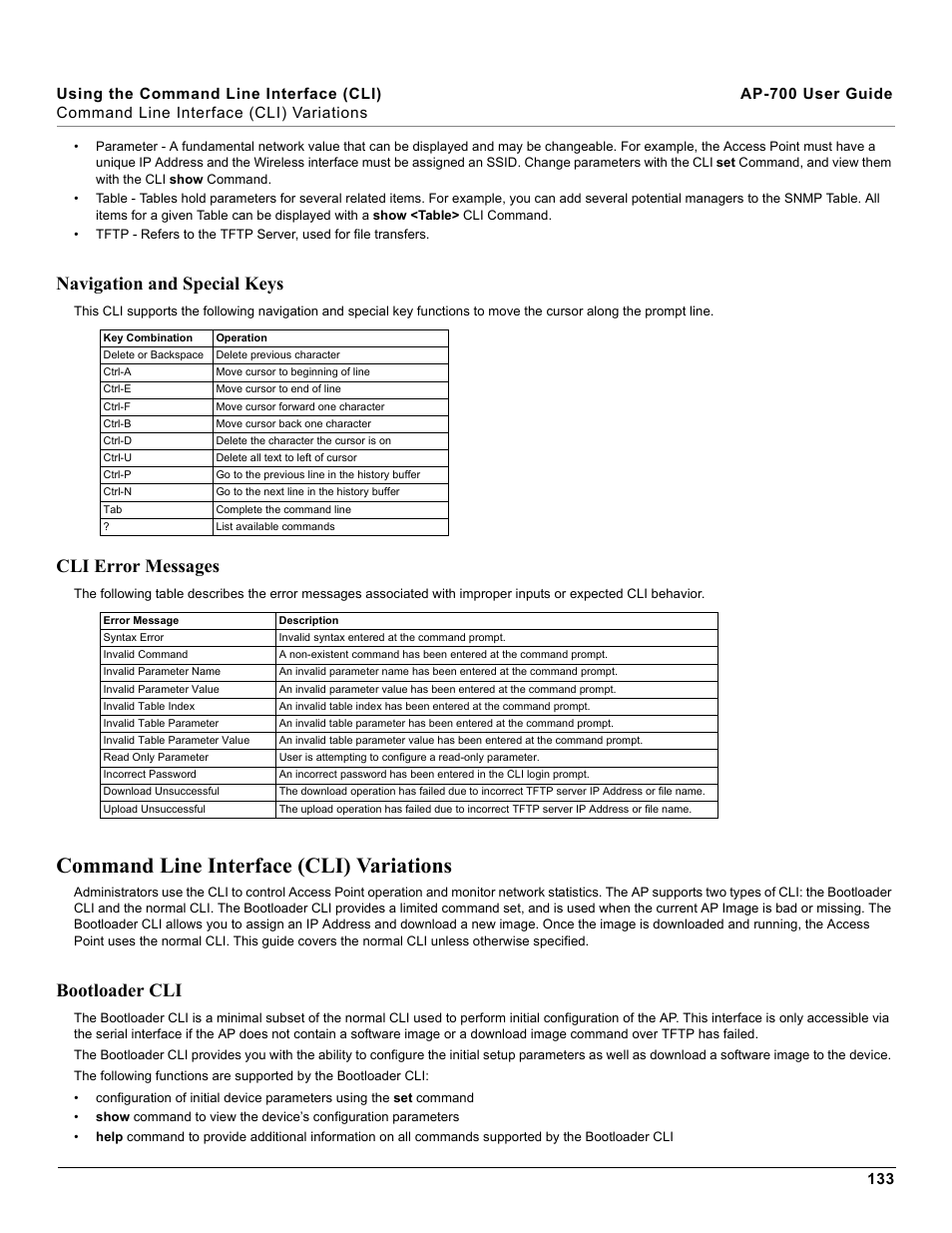 Navigation and special keys, Cli error messages, Command line interface (cli) variations | Bootloader cli, Navigation and special keys cli error messages | Proxim ORiNOCO AP-700 User Manual | Page 133 / 242