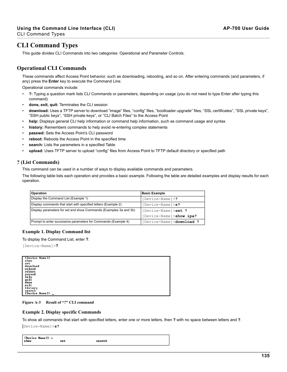 Cli command types, Operational cli commands, List commands) | Proxim ORiNOCO AP-700 User Manual | Page 135 / 242