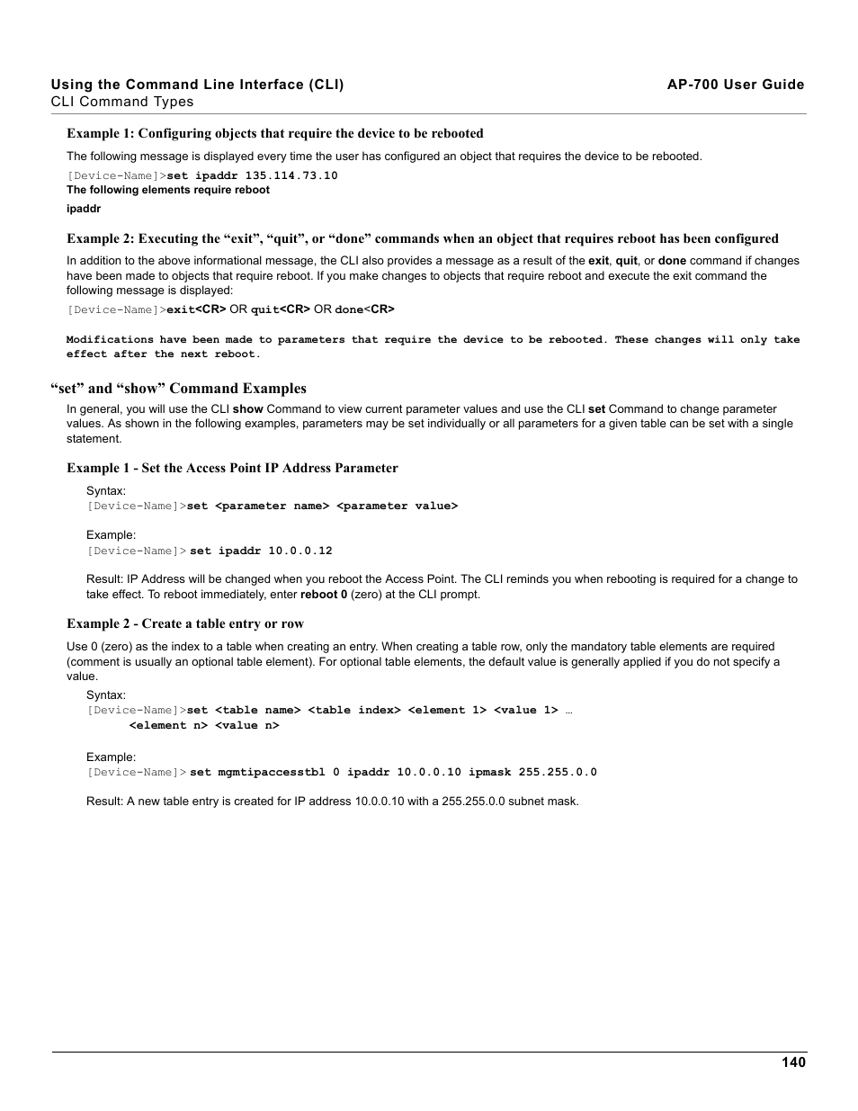 Set” and “show” command examples | Proxim ORiNOCO AP-700 User Manual | Page 140 / 242