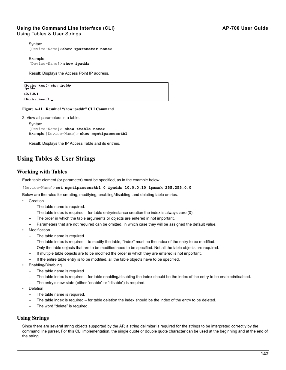 Using tables & user strings, Working with tables, Using strings | Working with tables using strings | Proxim ORiNOCO AP-700 User Manual | Page 142 / 242