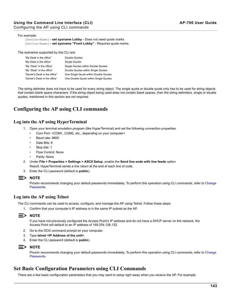 Configuring the ap using cli commands, Log into the ap using hyperterminal, Log into the ap using telnet | Proxim ORiNOCO AP-700 User Manual | Page 143 / 242