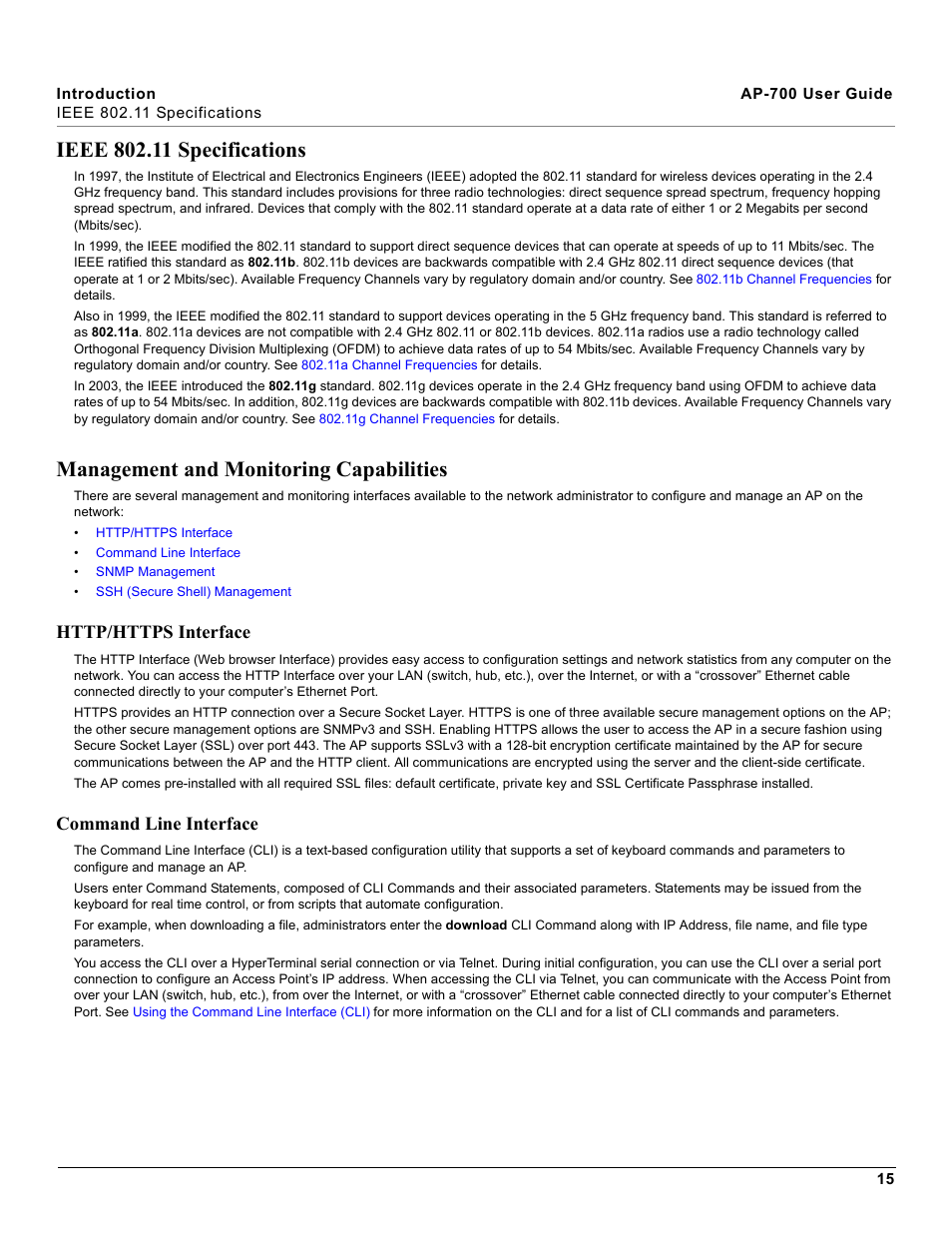 Ieee 802.11 specifications, Management and monitoring capabilities, Http/https interface | Command line interface, Http/https interface command line interface | Proxim ORiNOCO AP-700 User Manual | Page 15 / 242