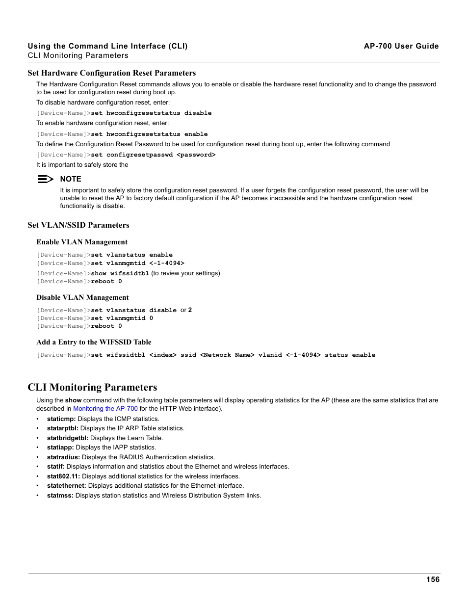 Cli monitoring parameters, Set hardware configuration reset parameters, Set vlan/ssid parameters | Proxim ORiNOCO AP-700 User Manual | Page 156 / 242