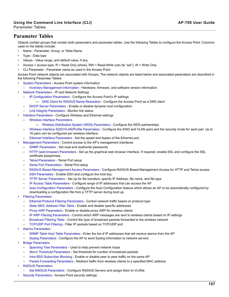 Parameter tables | Proxim ORiNOCO AP-700 User Manual | Page 157 / 242