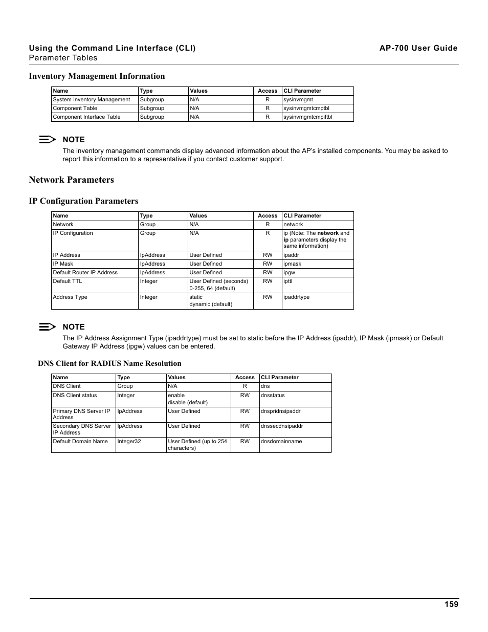 Network parameters, Inventory management information, Ip configuration parameters | Dns client for radius name resolution | Proxim ORiNOCO AP-700 User Manual | Page 159 / 242