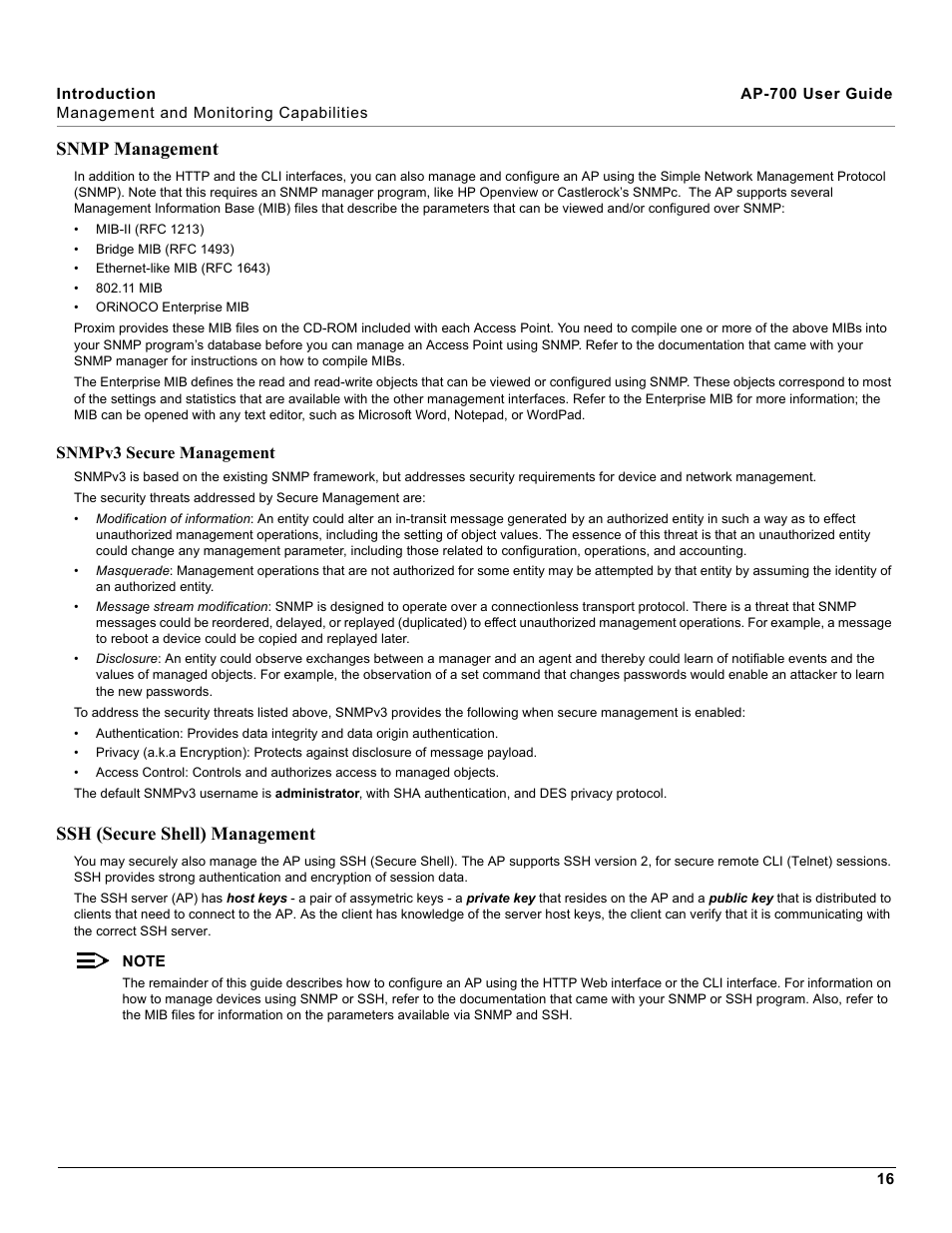 Snmp management, Ssh (secure shell) management, Snmpv3 secure management | Proxim ORiNOCO AP-700 User Manual | Page 16 / 242