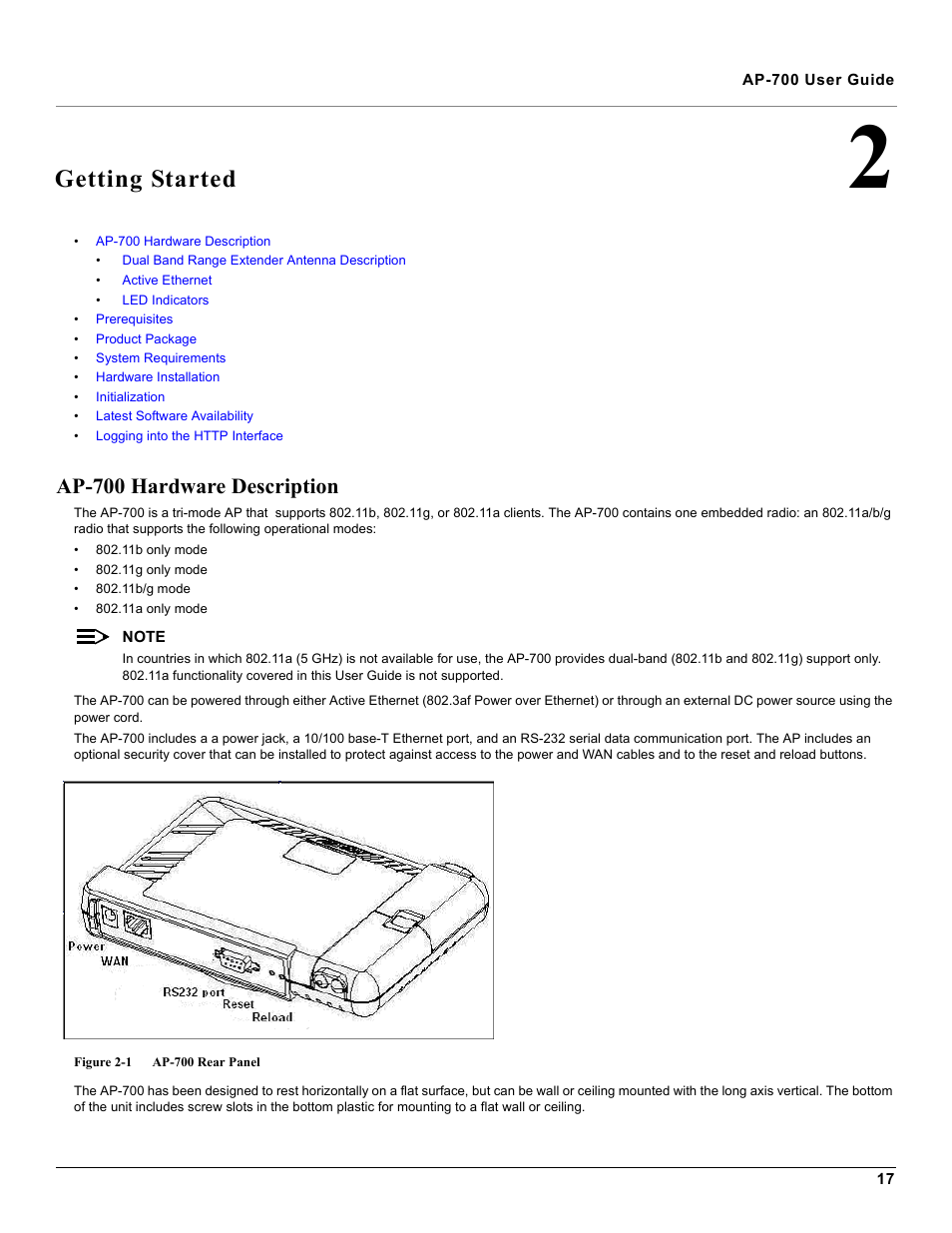 Getting started, Ap-700 hardware description, 2 getting started | Proxim ORiNOCO AP-700 User Manual | Page 17 / 242