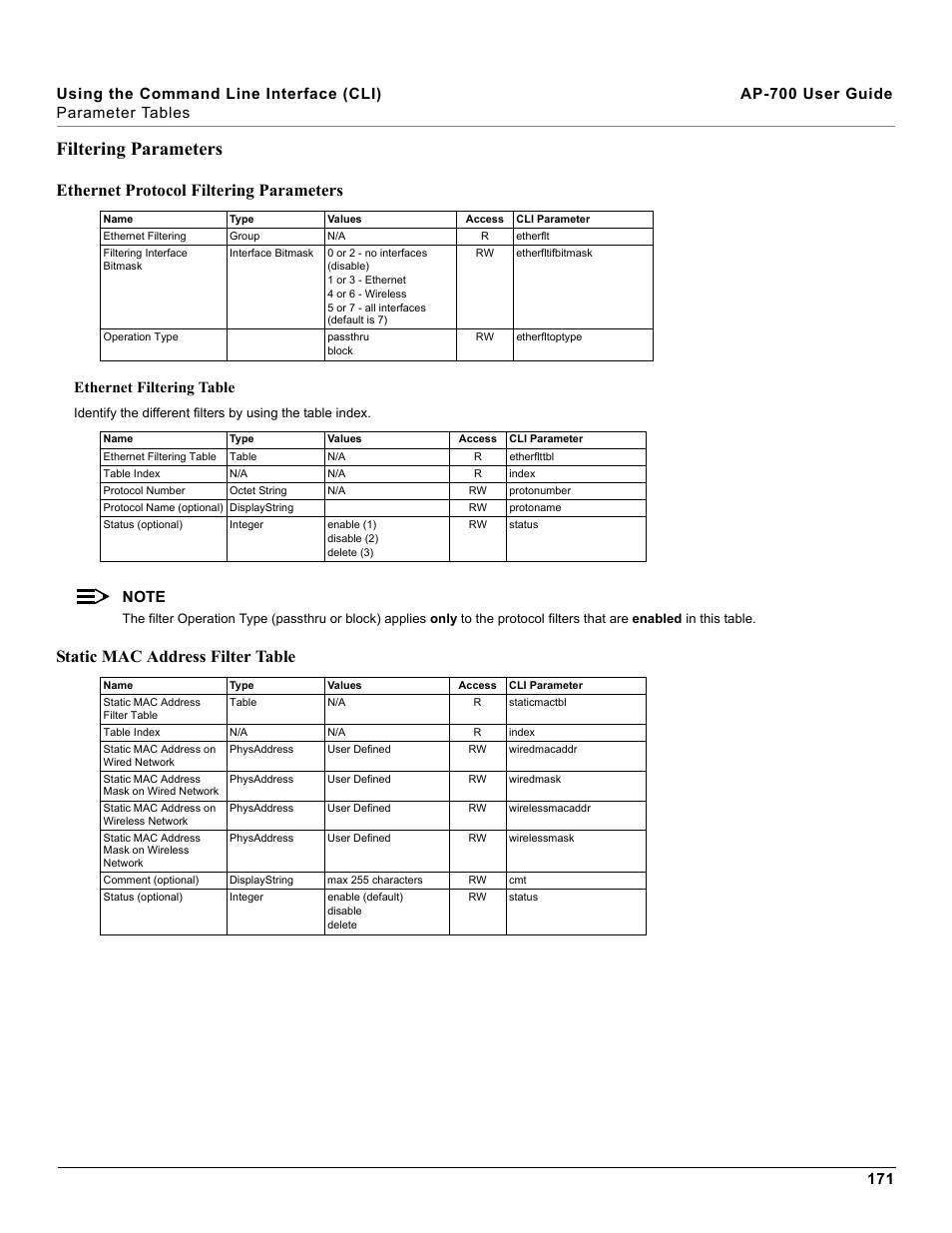 Filtering parameters, Ethernet protocol filtering parameters, Static mac address filter table | Ethernet filtering table | Proxim ORiNOCO AP-700 User Manual | Page 171 / 242