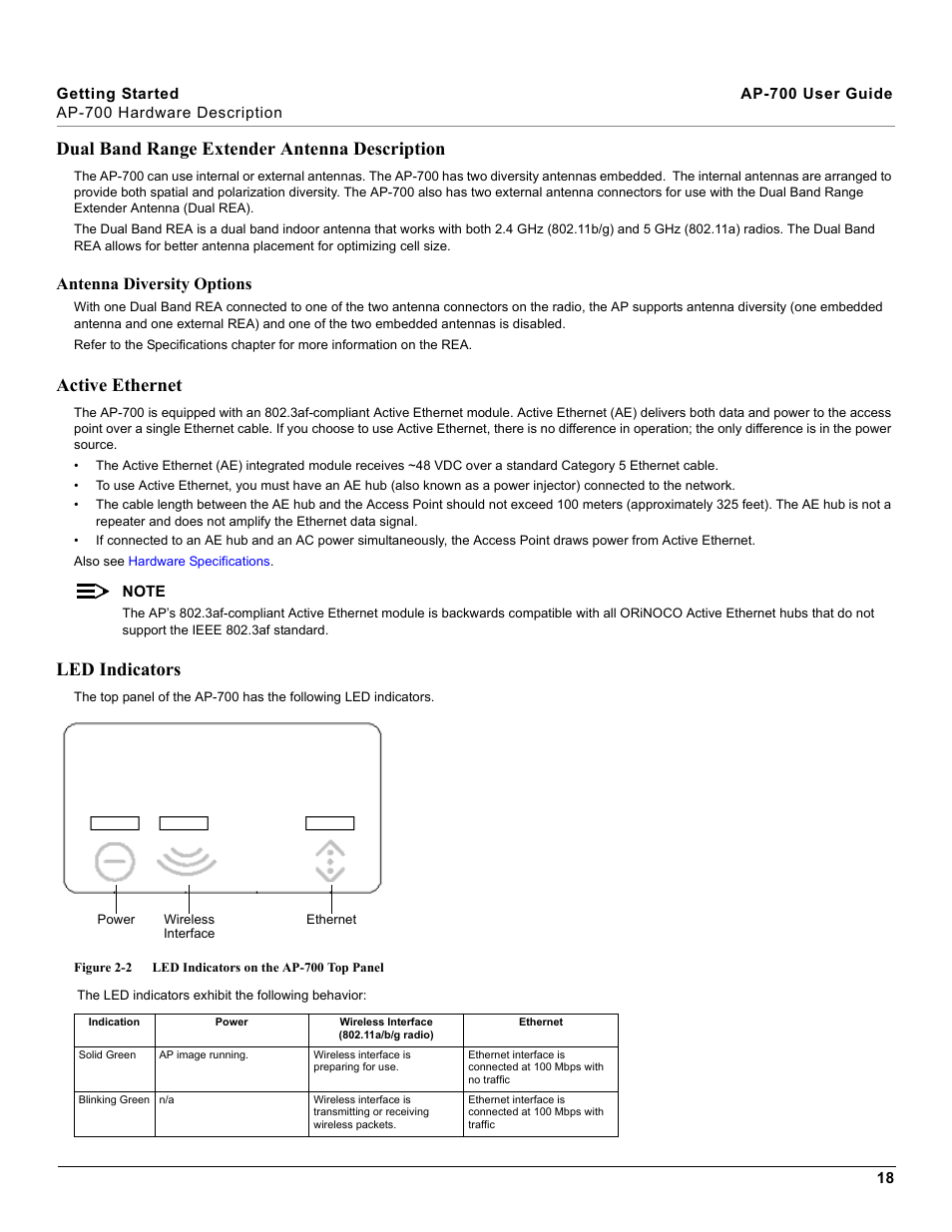 Dual band range extender antenna description, Active ethernet, Led indicators | Antenna diversity options, Active ethernet led indicators | Proxim ORiNOCO AP-700 User Manual | Page 18 / 242