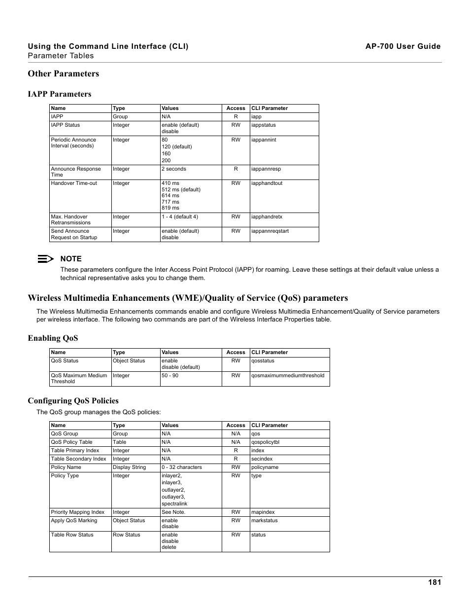 Other parameters, Iapp parameters, Enabling qos configuring qos policies | Proxim ORiNOCO AP-700 User Manual | Page 181 / 242