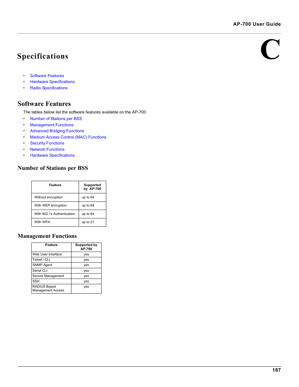 Specifications, Software features, Number of stations per bss | Management functions, C specifications, Number of stations per bss management functions | Proxim ORiNOCO AP-700 User Manual | Page 187 / 242
