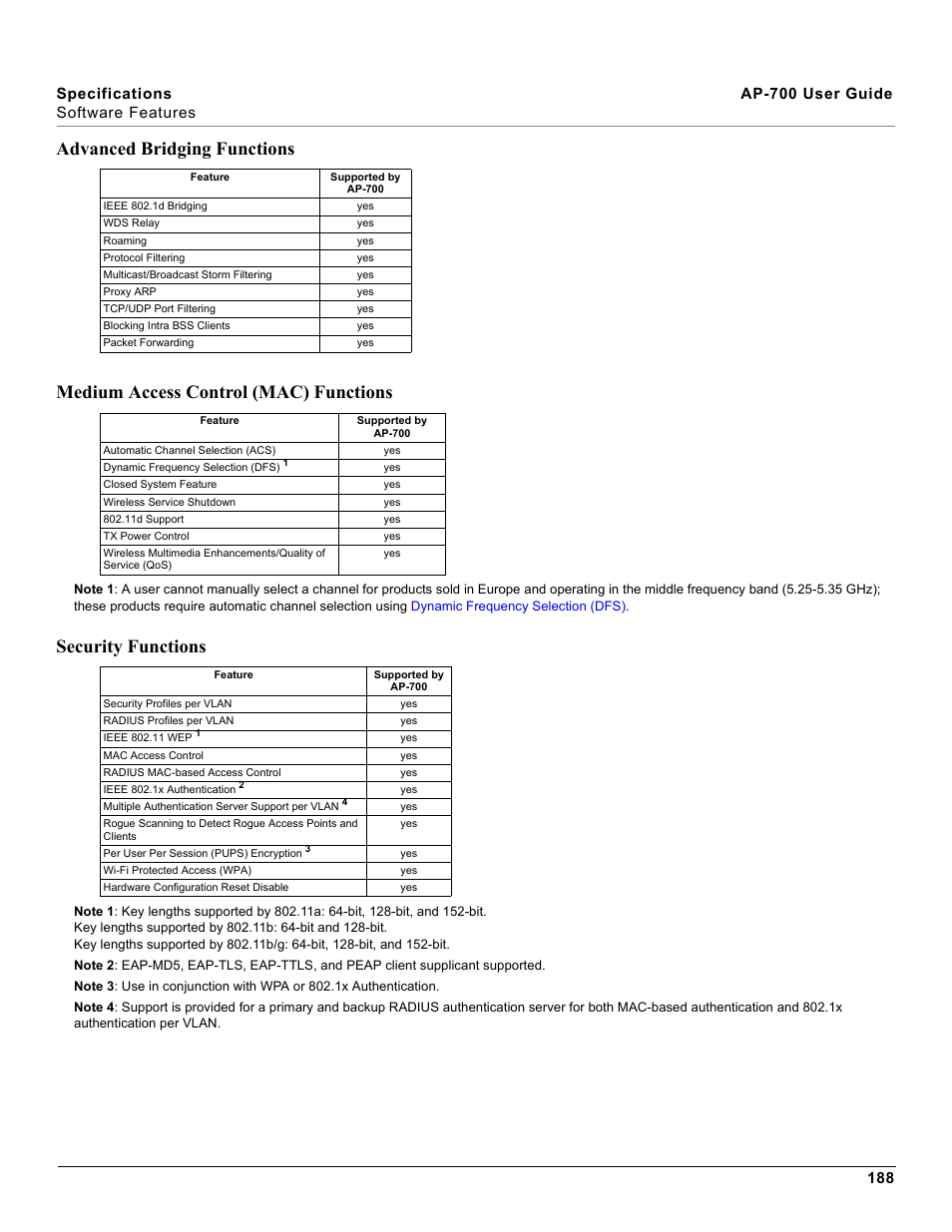 Advanced bridging functions, Medium access control (mac) functions, Security functions | Proxim ORiNOCO AP-700 User Manual | Page 188 / 242