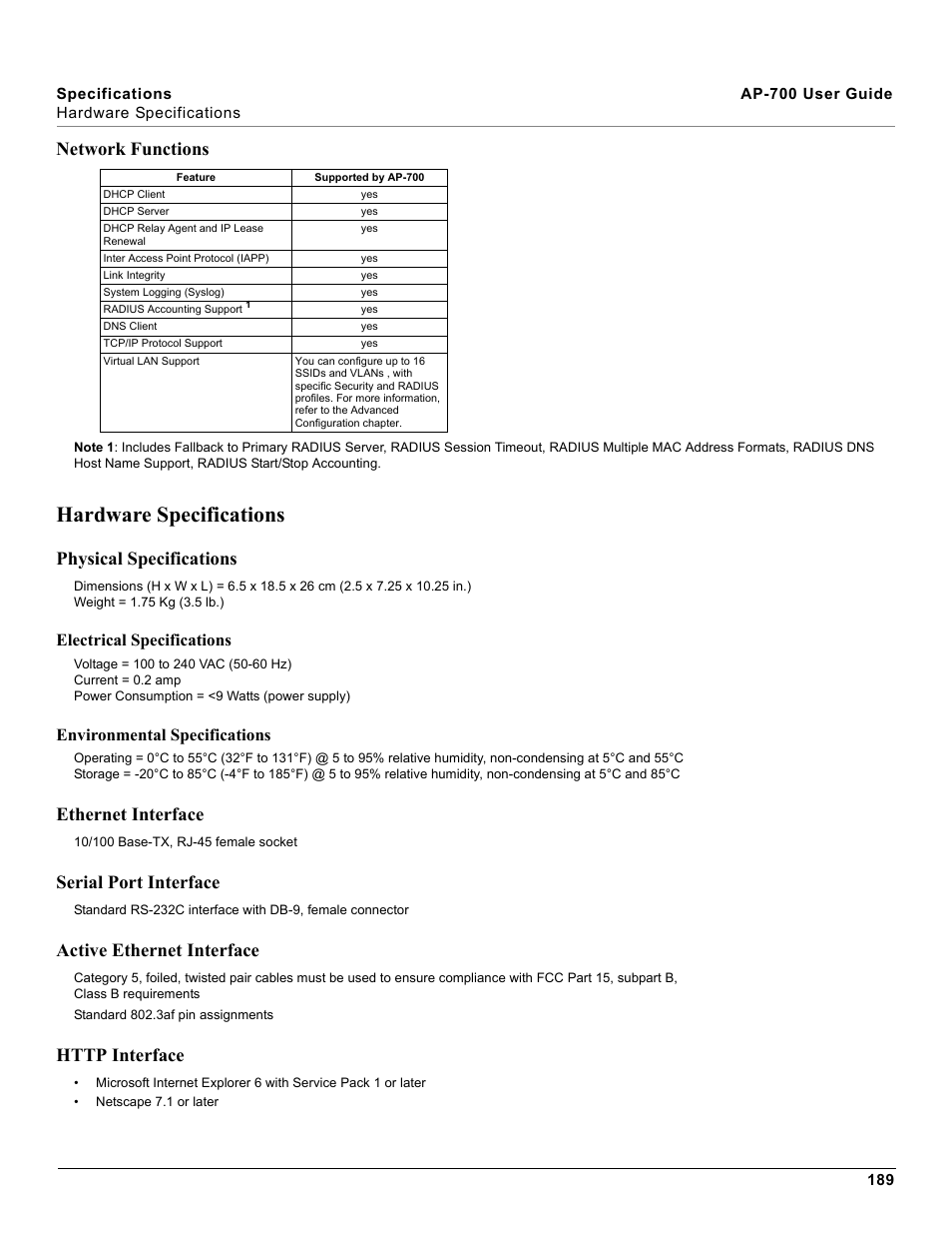 Network functions, Hardware specifications, Physical specifications | Ethernet interface, Serial port interface, Active ethernet interface, Http interface, Electrical specifications, Environmental specifications | Proxim ORiNOCO AP-700 User Manual | Page 189 / 242