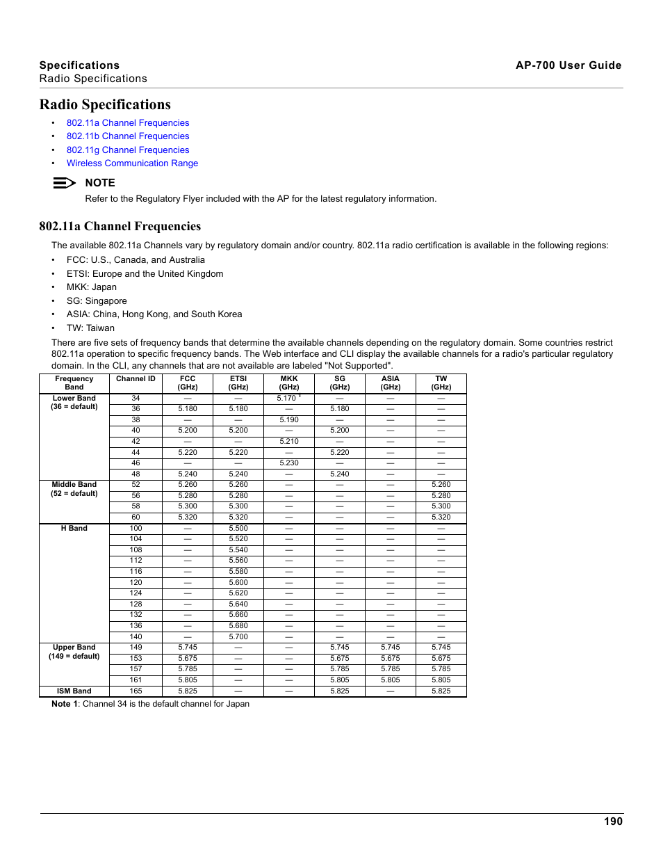 Radio specifications, 11a channel frequencies, O specifications | Proxim ORiNOCO AP-700 User Manual | Page 190 / 242