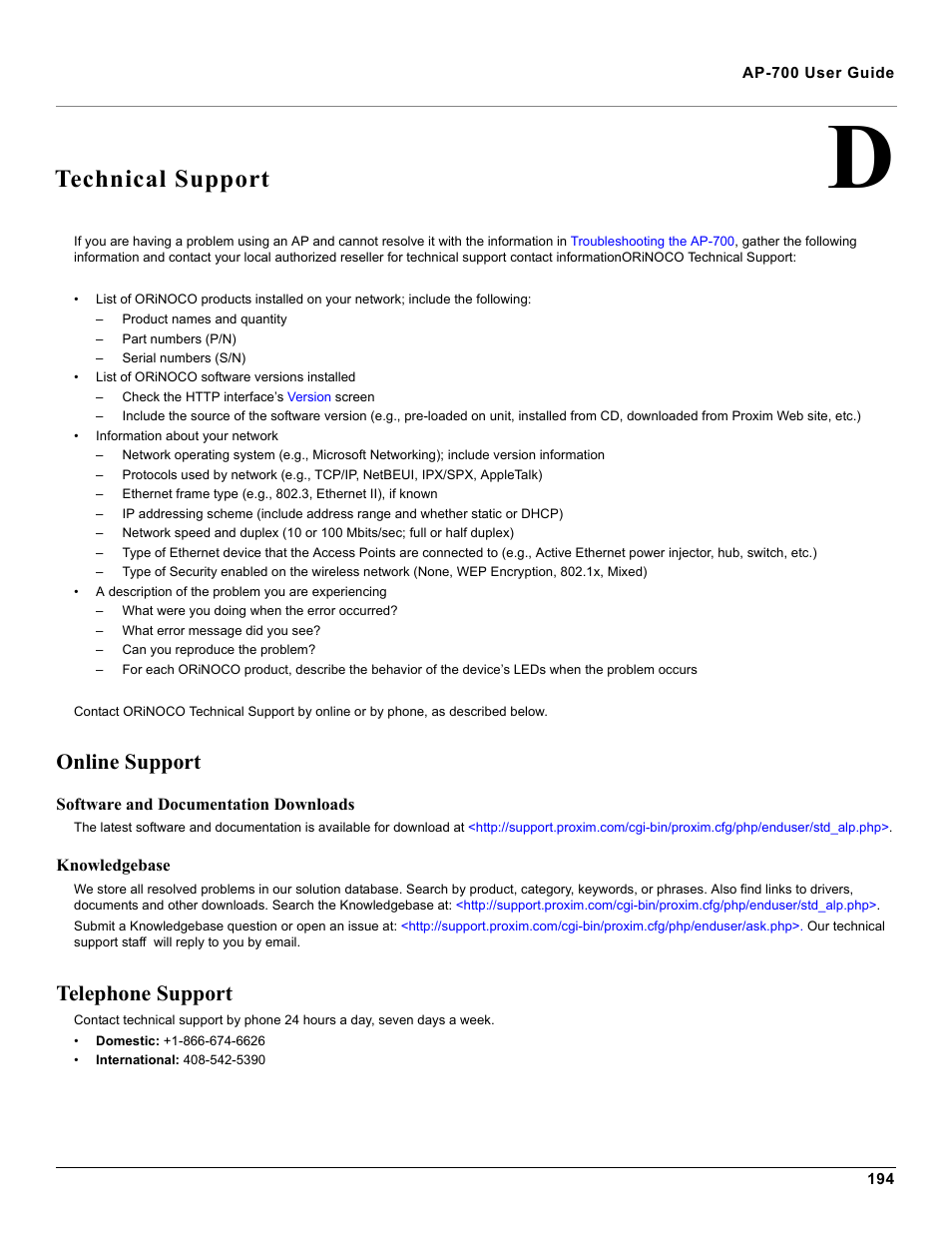 Technical support, Online support, Telephone support | D technical support, Software and documentation downloads knowledgebase | Proxim ORiNOCO AP-700 User Manual | Page 194 / 242