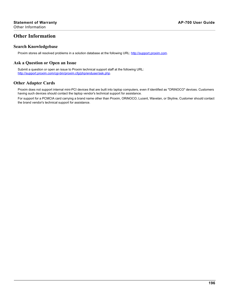 Other information, Search knowledgebase, Ask a question or open an issue | Other adapter cards | Proxim ORiNOCO AP-700 User Manual | Page 196 / 242